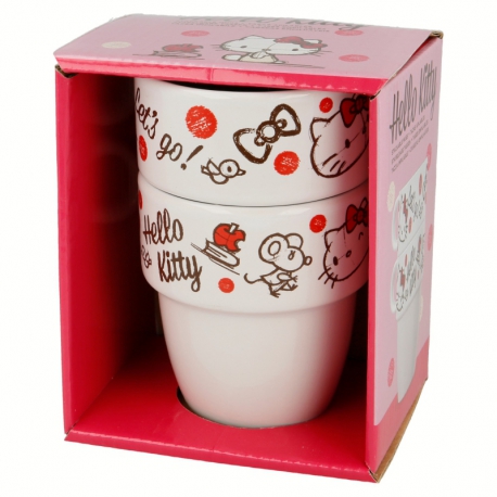 2 PCS STONEWARE STACKABLE MUGS 8 OZ HELLO KITTY